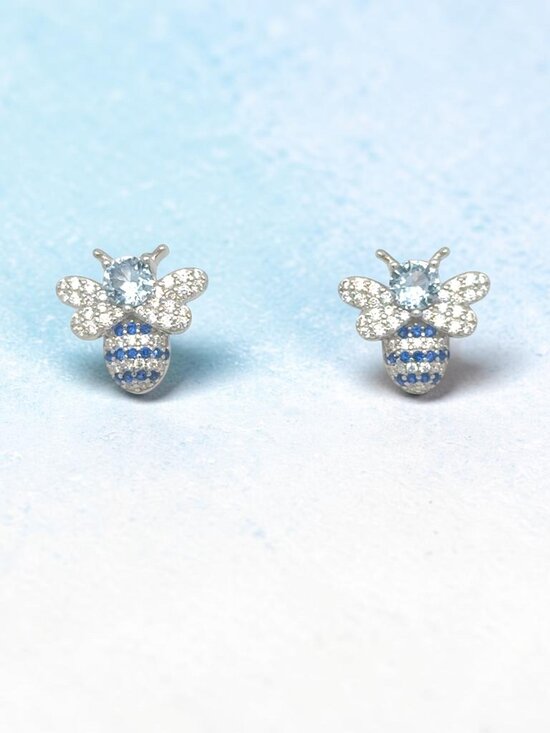 Jewelry - Blue and White CZ Bee Stud Earrings in 925 Sterling Silver
